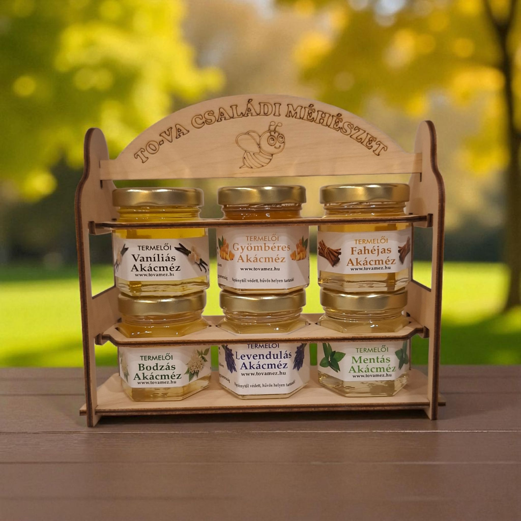 Ajándékcsomag – 6 × 50 g ízesített méz fa díszdobozban