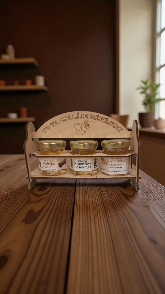 Ajándékcsomag – 3 × 50 g ízesített méz fa díszdobozban